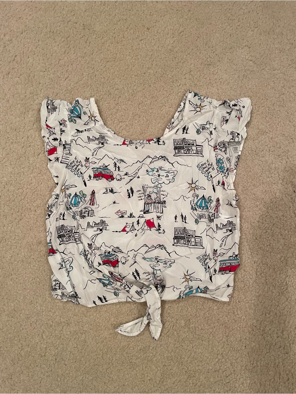 Bershka Scenic Print Tie-Front Crop Top in White with Pastel Accents